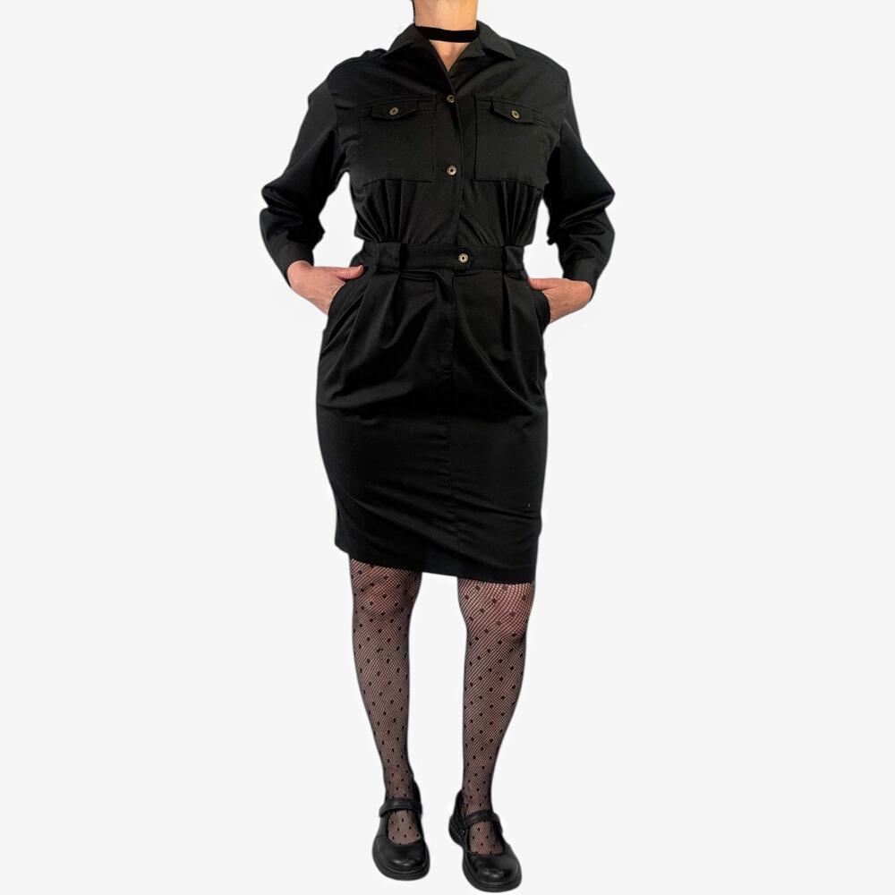 Vintage Black Utility Safari Style Pocket Midi Shirt Dress Sz Large